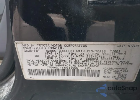 2003 Toyota Rav4 из США, поврежденный, VIN JTEGH20V330118655